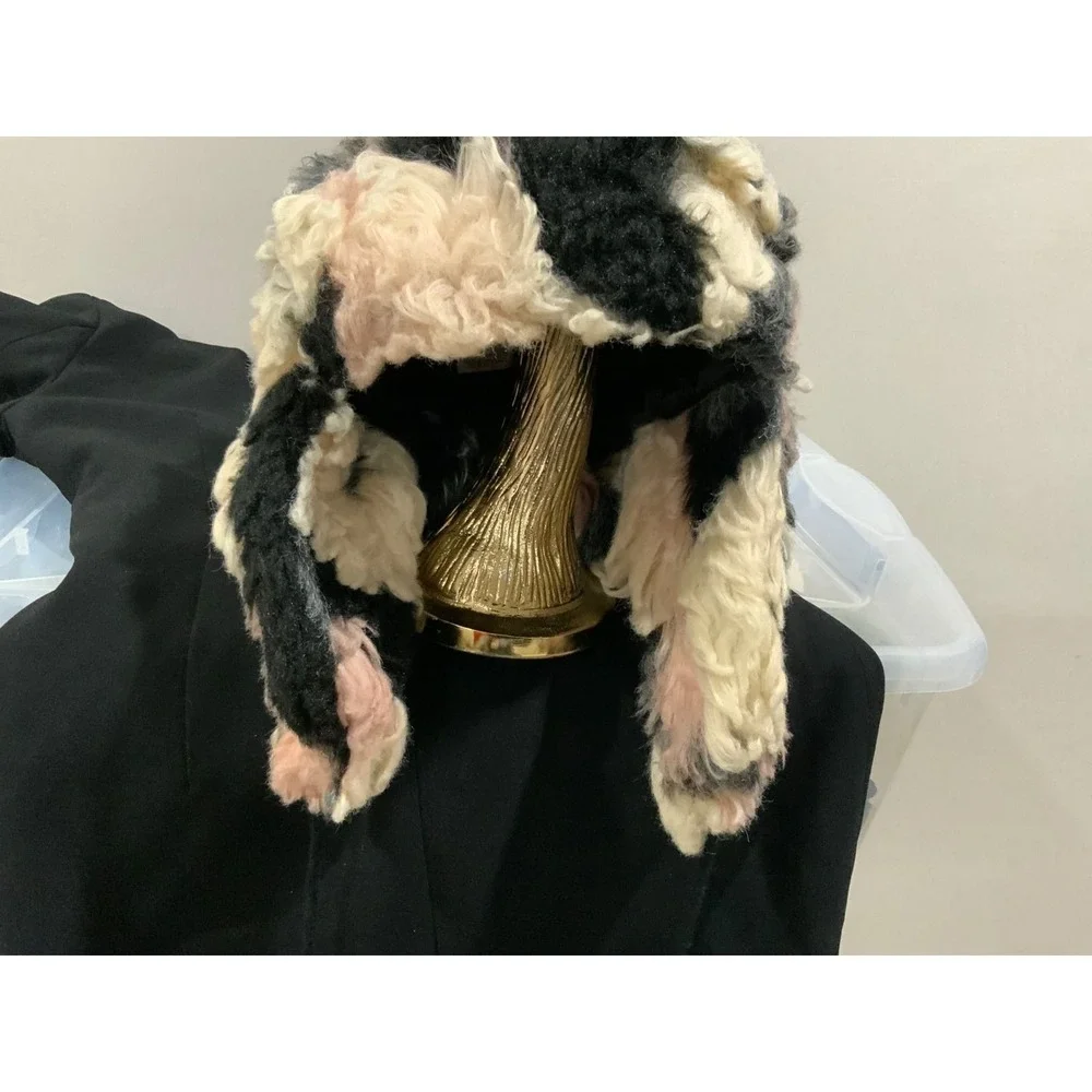 ICING Faux Fur Trapper Hat Ear Flaps Pompoms Black Cream Pink Gray